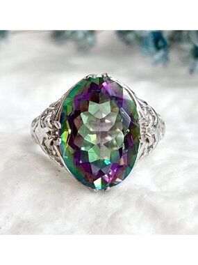 Iridescent Mystic Topaz Art Nouveau Sterling Silver 925 Vintage Ring - sz 10